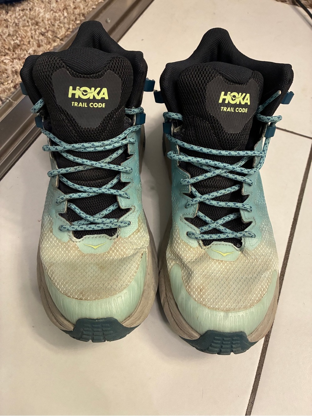 Hoka Trail Code Women's Trail Shoes in Teal and Black with Lime Accent